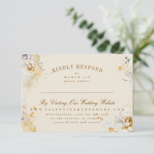 Betoverende botanische krans online bruiloft websi RSVP kaartje (Staand voorkant)