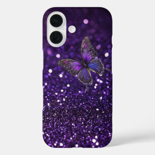 Betoverende elegantie: de Paarse Sparkle Butterfly iPhone 16 Hoesje