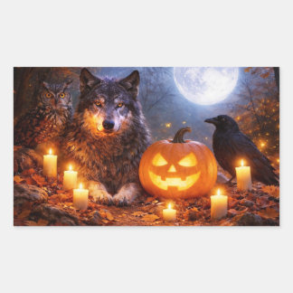 Betoverende Halloween Wolf Uil en Raaf Pompoenen Rechthoekige Sticker