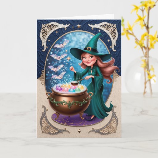 Betoverende Heks met Ketel Mystieke Kaart (Gele Bloem)