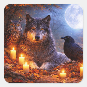 Betoverende herfstvalwolf, raaf en uil vierkante sticker