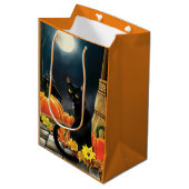 Betoverende Maanverlichte Zwarte Herfstkat Pompoen Medium Cadeauzakje (Voorkant Gekanteld)