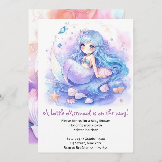 Betoverende Mermaid Waterverf Baby shower Kaart (Voorkant / Achterkant)