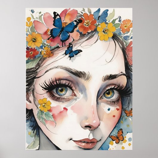 Betoverende ogen te midden van vlinders & bloemen poster (Voorkant)