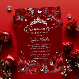 Betoverende rode zilveren bloemige Quinceanera Folie Uitnodiging