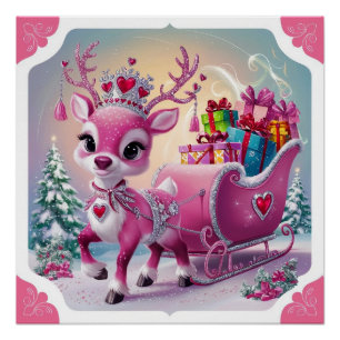 Betoverende roze rendier met juweel versierde kroo perfect poster