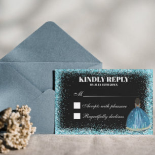 Betoverende Turquoise Glitter Prinses Quinceañera RSVP Kaartje
