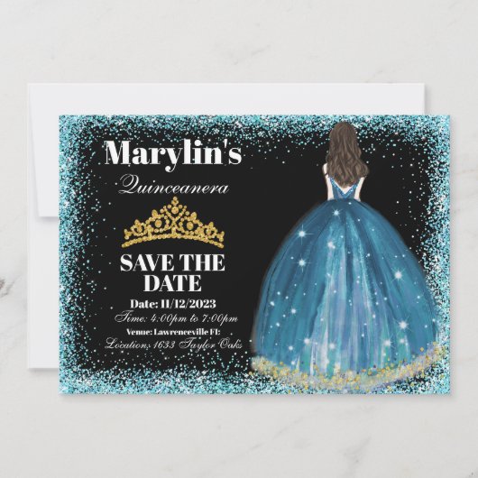 Betoverende Turquoise Glitter Prinses Quinceañera Save The Date (Voorkant)