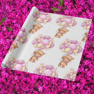 Betoverende Waterverf Roze Meisje Teddybeer Ballon Cadeaupapier
