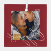 Betrokken moderne script koppels foto & monogram glas ornament (Achterkant)