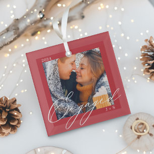 Betrokken moderne script koppels foto & monogram glas ornament