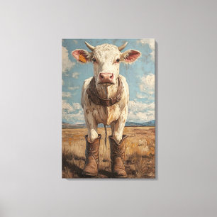 Betsy de Koe in Cowboy Boots Rustic Farmhouse Art Canvas Afdruk