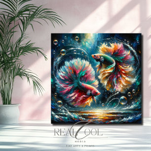 Betta Vissen Dansen in Diepblauwe Oceaanbellen Canvas Afdruk