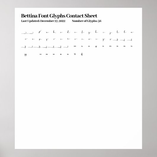 Bettina Lettertype Glyphs Contactblad Poster (Voorkant)