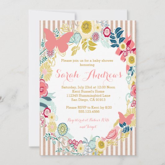 Beurre Floral rose Baby shower invitation fille (Devant)