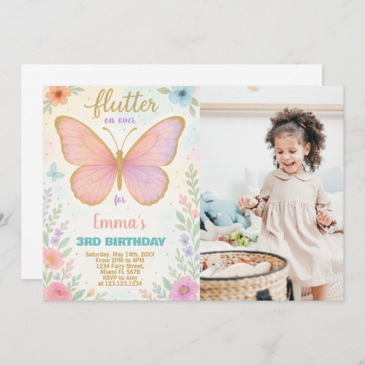 Beurre Whimsical Invitation d'anniversaire avec ph (Devant / Derrière)