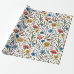 Bevallige Abstracte Wilde Bloemen Blauw Roze Geel Cadeaupapier