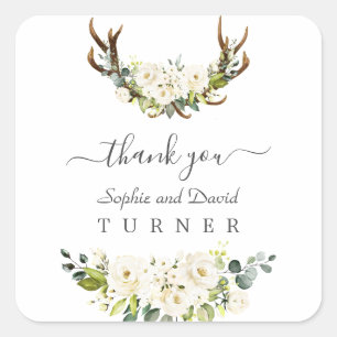 Bevallige Aquarel Witte Bloemen Rendier Wedding Vierkante Sticker