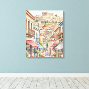 Bevallige Athene Griekenland Straat Watercolor Canvas Afdruk