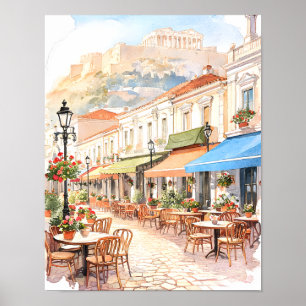 Bevallige Athene Griekenland Straat Watercolor Poster