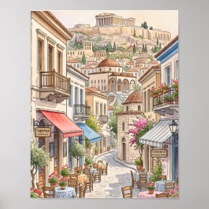 Bevallige Athene Griekenland Straat Watercolor Poster
