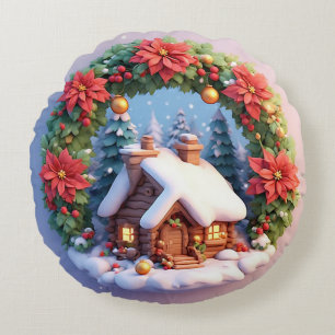 Bevallige besneeuwde hut versierd met kerstkrans rond kussen