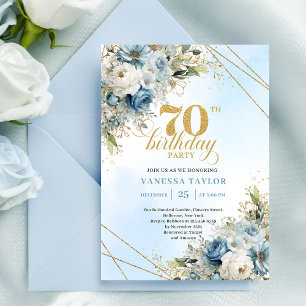 Bevallige boho blauwe bloemen gouden lijst 70ste v kaart