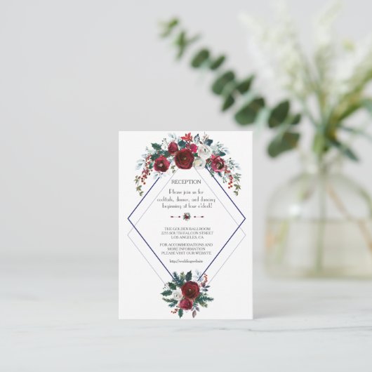 Bevallige Burgundy Bloem Navy Bruiloft Details Informatiekaartje (Staand voorkant)