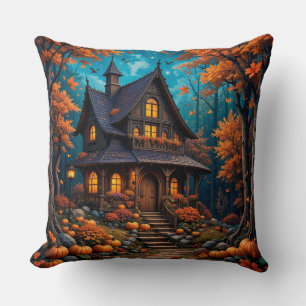 Bevallige cottage met pompoenen in een herfstbos kussen
