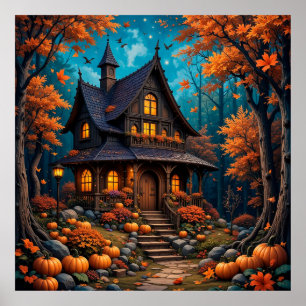 Bevallige cottage met pompoenen in een herfstbos poster