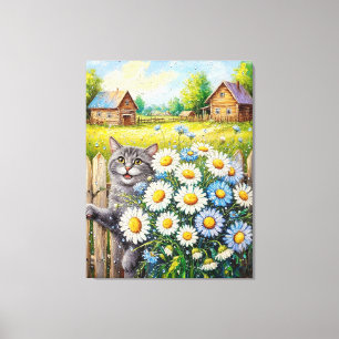 Bevallige cottage scène met kat en boeket madelief canvas afdruk