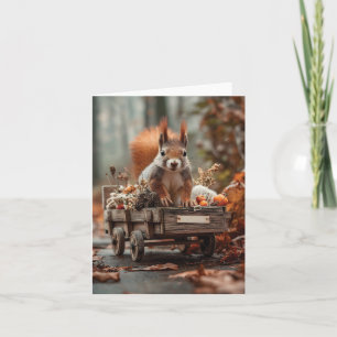 Bevallige eekhoorn met miniatuur houten wagentje feestdagen kaart