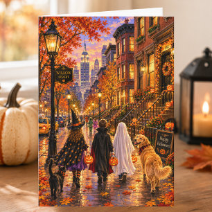 Bevallige herfst stads scène Gelukkig Halloween ka Kaart
