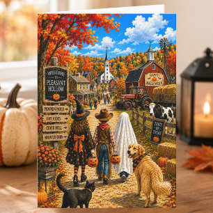 Bevallige herfstlandelijk dorp Gelukkig Halloween Kaart