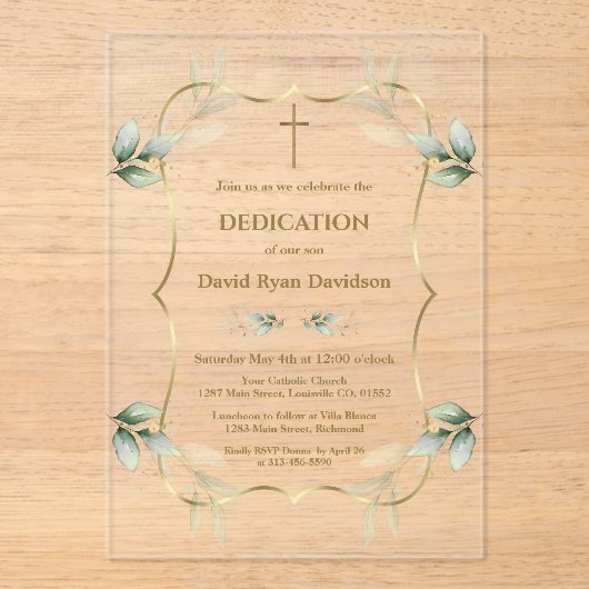 Bevallige Luchtige Groene Goudkleurige Kruis Toewi Acryl Uitnodigingen (Voorkant)