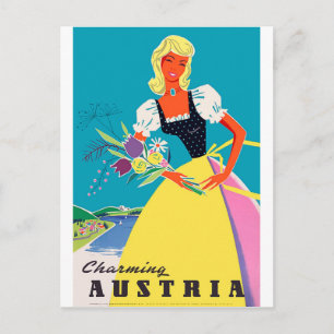 Bevallige Oostenrijk, vrouw met bloemen, illustrat Briefkaart