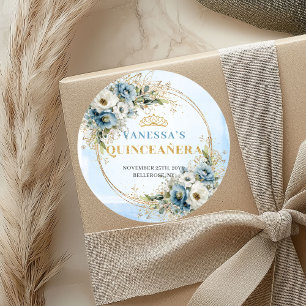 Bevallige Pastelblauwe Gouden Eucalyptus Quinceañe Ronde Sticker