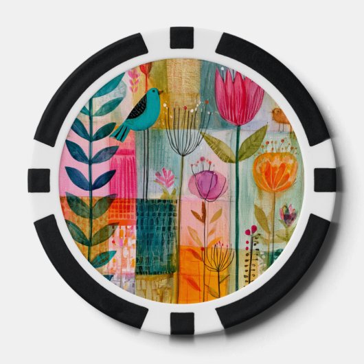 Bevallige Patchwork Blauwe Vogelweide Poker Chips (Voorkant)