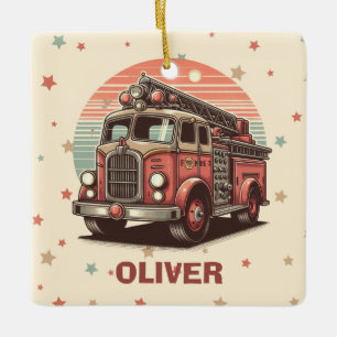 Bevallige Retro Vintage Brandweerwagen bij Zonsond Keramisch Ornament