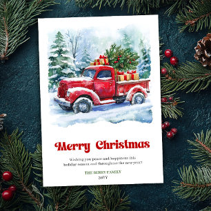 Bevallige rode vrachtwagen kerstscene rustieke kaa feestdagenkaart