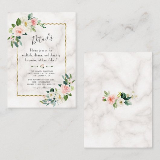Bevallige Roze Bloemige Gouden Marmeren Trouwdetai Informatiekaartje (Voorkant / Achterkant)