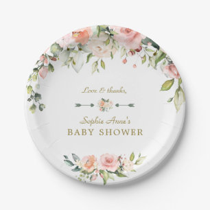 Bevallige Roze Blush Crème Bloemen Baby Shower Papieren Bordje