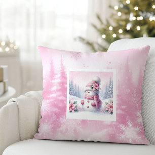 Bevallige Roze Sneeuwman Winter Scene Kinderen Kus Kussen