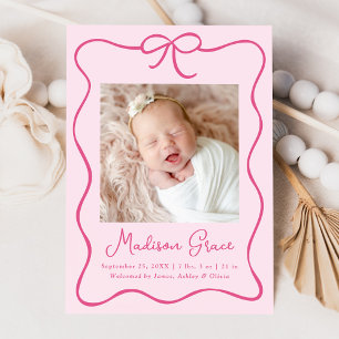 Bevallige Roze Strik Baby Meisje Foto Geboorteaank Aankondiging