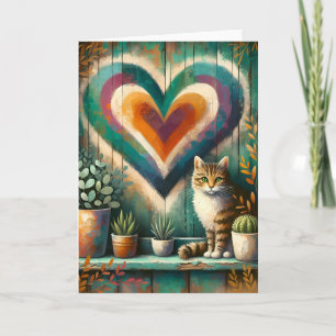Bevallige Rustieke Kat Hart Teal, Amber & Crème Kaart