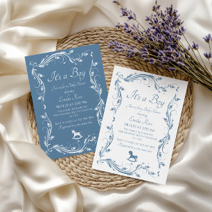 Bevallige Stofblauwe Klassieke Jongens Baby Shower Kaart
