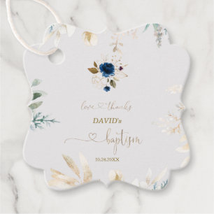 Bevallige waterverf blauwe bloem goud doop bedankjes labels