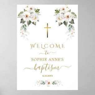 Bevallige Wilde Witte Rozen Doop Welkom Bord Poster
