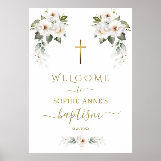 Bevallige Wilde Witte Rozen Doop Welkom Bord Poster (Voorkant)