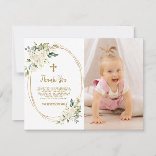 Bevallige Witte Bloemen Gouden Foto Meisje Doop Bedankkaart